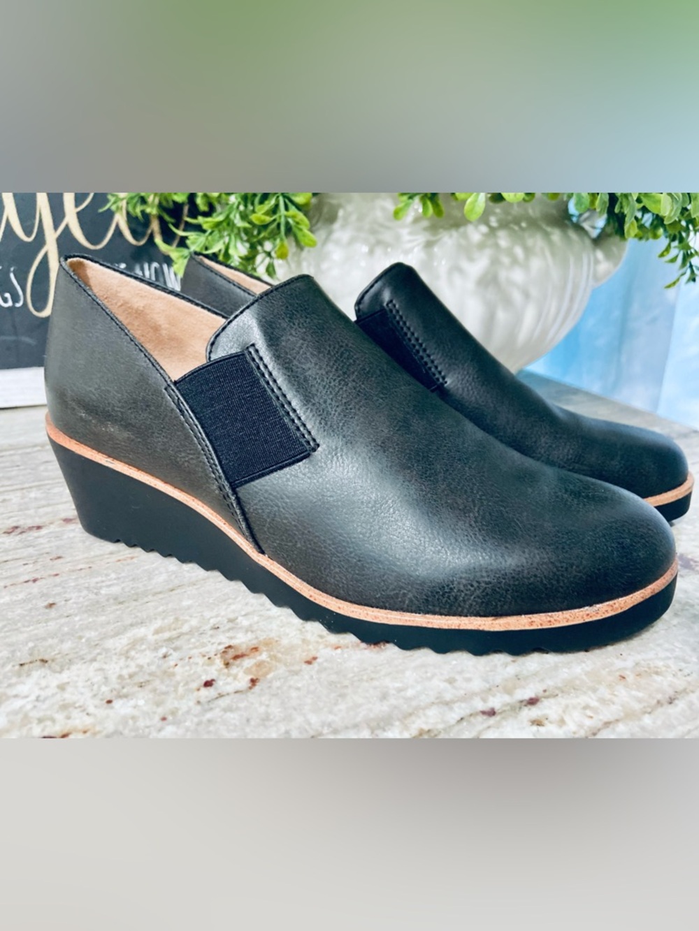 LifeStride Black Wedge Slip-On Loafers with Tan Trim